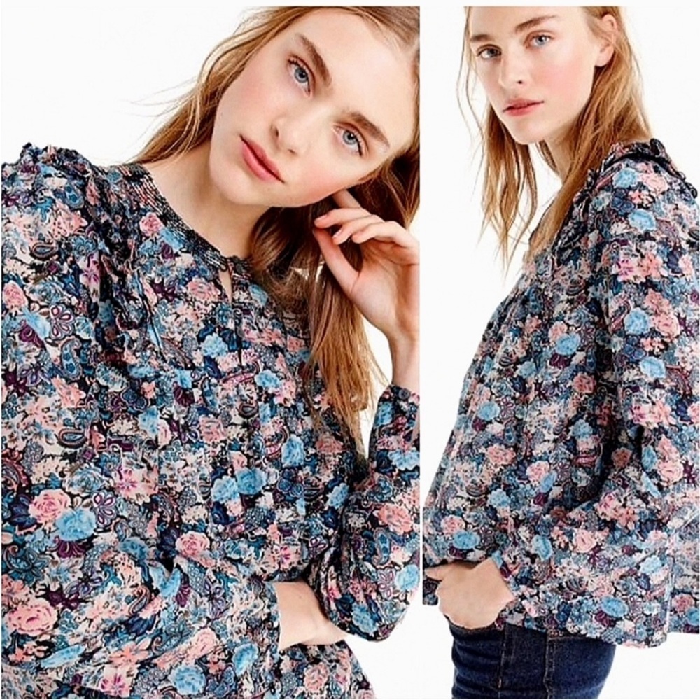 J Crew Ruffle Front Top Silk XS Floral Pink & Blue Esperanza